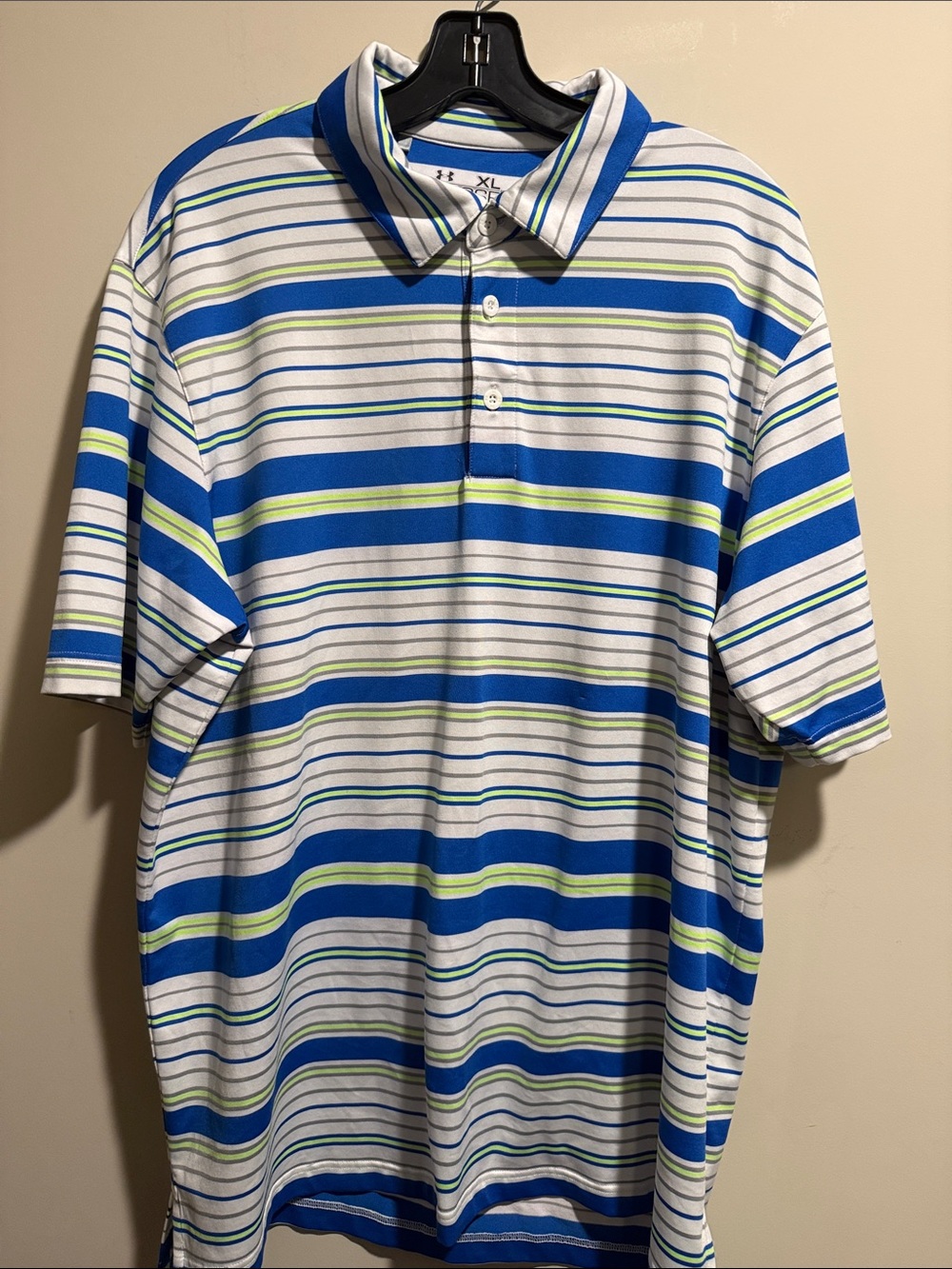 Under Armour Blue, White & Lime Green Striped Performance Polo
